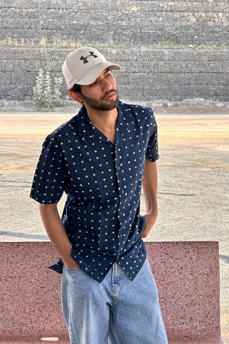 INDIGO BINDU MEN'S NOTCH COLLAR HALF SLEEVE SHIRT