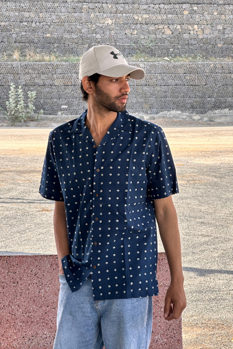 INDIGO BINDU MEN'S NOTCH COLLAR HALF SLEEVE SHIRT