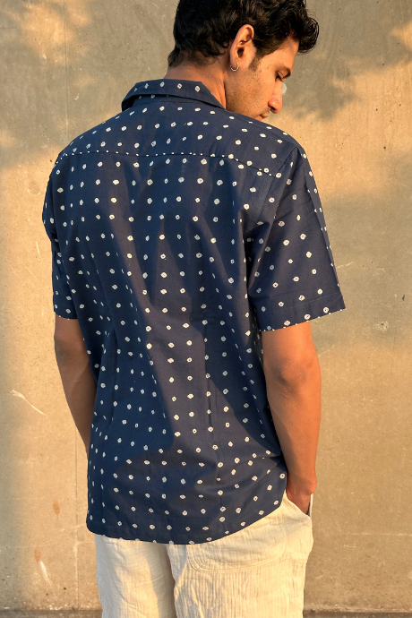 INDIGO BINDU MEN'S NOTCH COLLAR HALF SLEEVE SHIRT