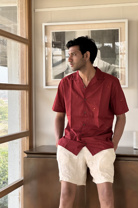 MAROON MOON MEN'S NOTCH COLLAR HALF SLEEVE SHIRT