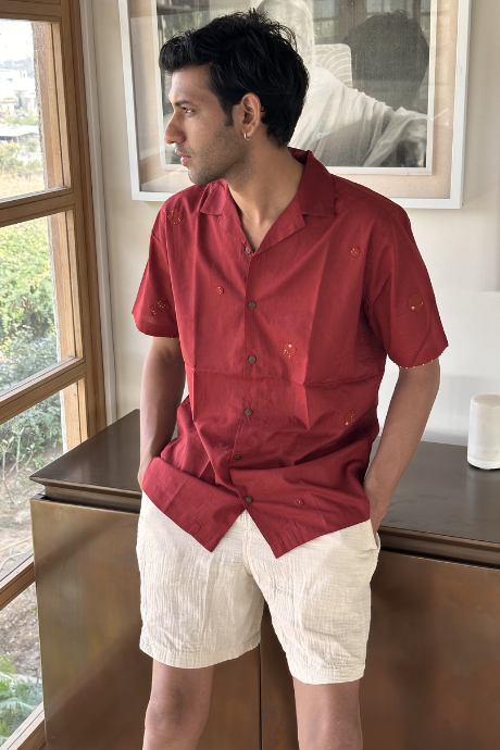 MAROON MOON MEN'S NOTCH COLLAR HALF SLEEVE SHIRT