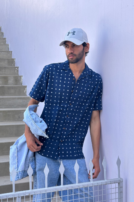 INDIGO BINDU MEN'S NOTCH COLLAR HALF SLEEVE SHIRT