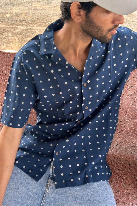 INDIGO BINDU MEN'S NOTCH COLLAR HALF SLEEVE SHIRT