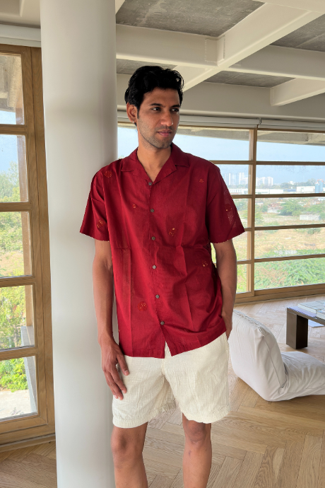 MAROON MOON MEN'S NOTCH COLLAR HALF SLEEVE SHIRT