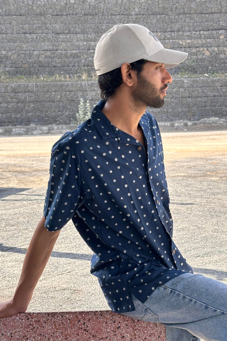 INDIGO BINDU MEN'S NOTCH COLLAR HALF SLEEVE SHIRT