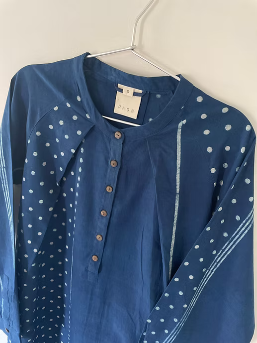 Indigo Neck Pleat Stripe Block Dress