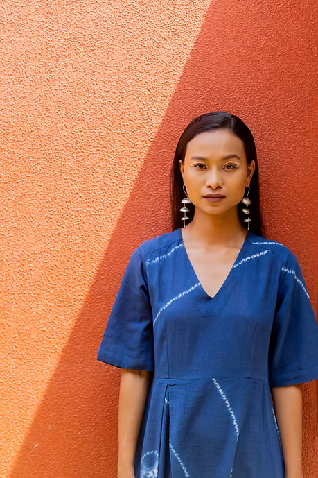 Indigo V neck Shibori Dress