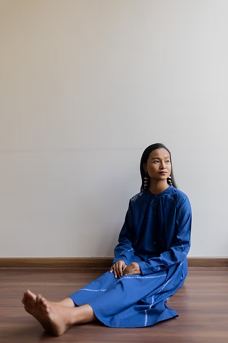 Indigo Neck Pleat Shibori Dress