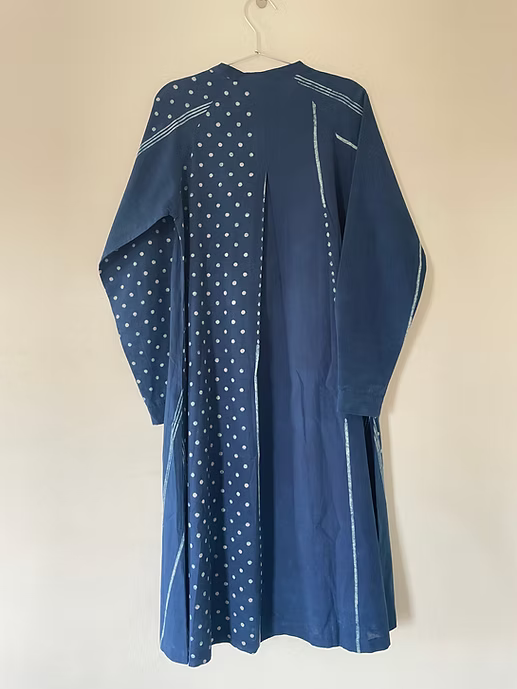 Indigo Neck Pleat Stripe Block Dress