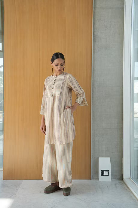 NEUTRAL STRIPES HIGHLOW TOP AND PALAZZO PANTS