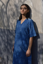 Indigo Checkboard V Neck Dress