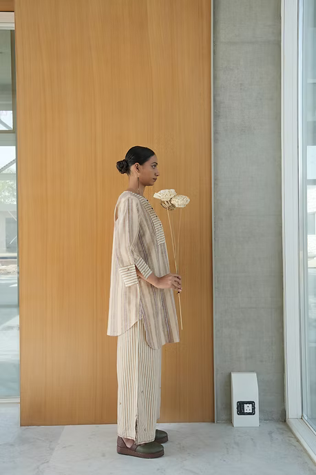 NEUTRAL STRIPES HIGHLOW TOP AND PALAZZO PANTS