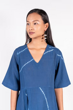 Indigo V neck Shibori Dress