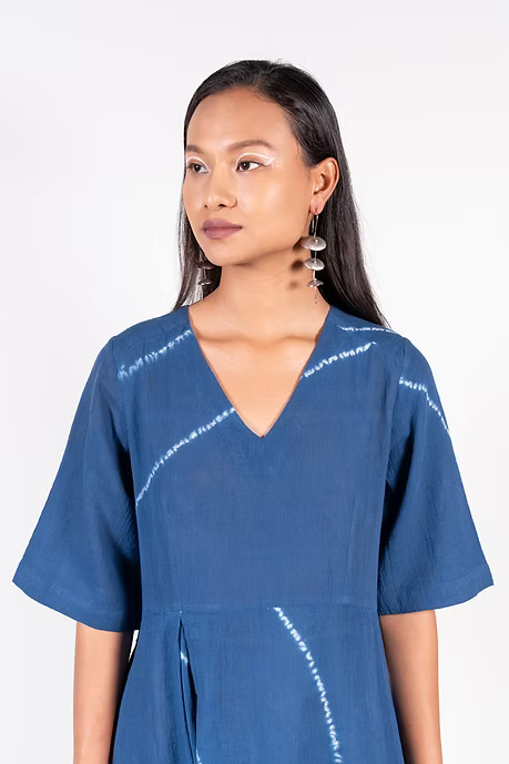 Indigo V neck Shibori Dress