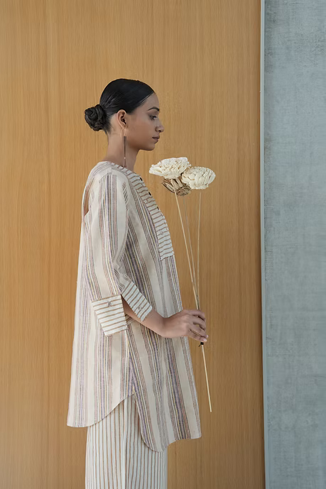 NEUTRAL STRIPES HIGHLOW TOP AND PALAZZO PANTS