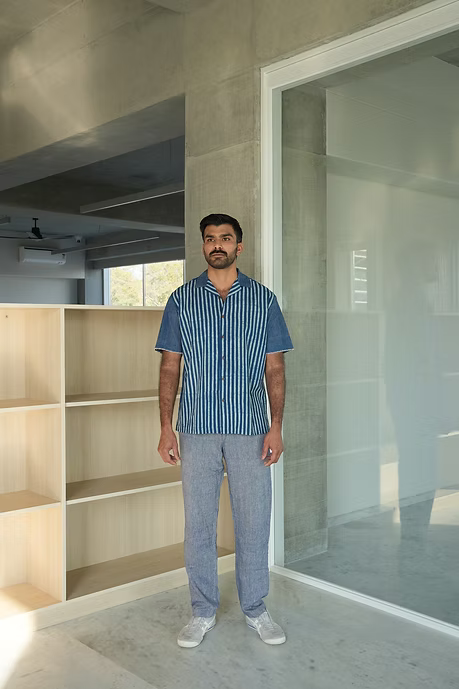 INDIGO JAIL STRIPE MEN’S NOTCH COLLAR SHIRT