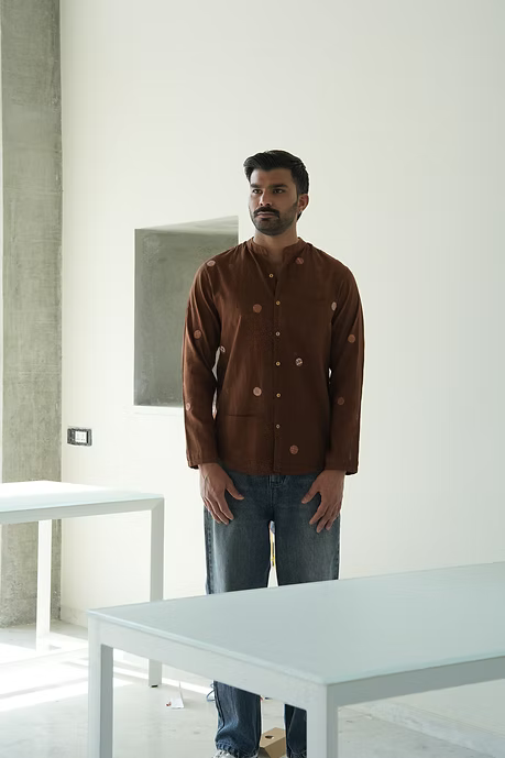 BROWN FULL SLEEVE MEN’S MANDARIN COLLAR SHIRT