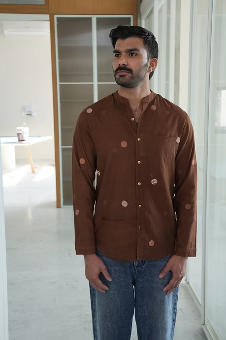 BROWN FULL SLEEVE MEN’S MANDARIN COLLAR SHIRT