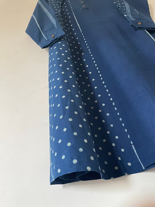 Indigo Neck Pleat Stripe Block Dress