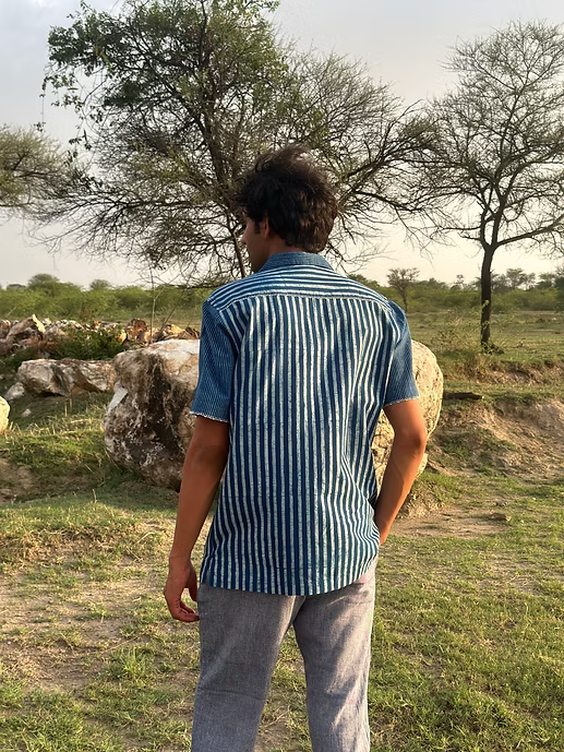 INDIGO JAIL STRIPE MEN’S NOTCH COLLAR SHIRT