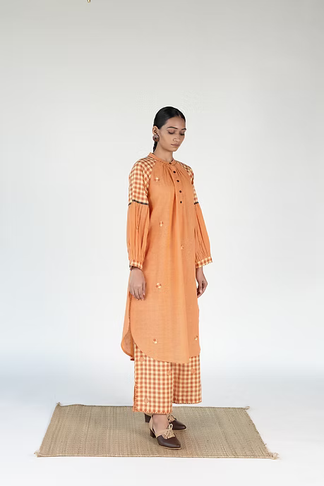 WOVEN SUNSET NECK GATHER KURTA PALAZZO COORD SET