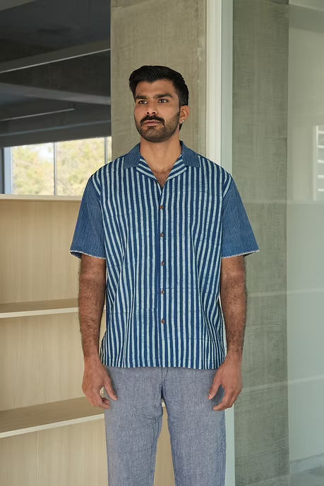 INDIGO JAIL STRIPE MEN’S NOTCH COLLAR SHIRT