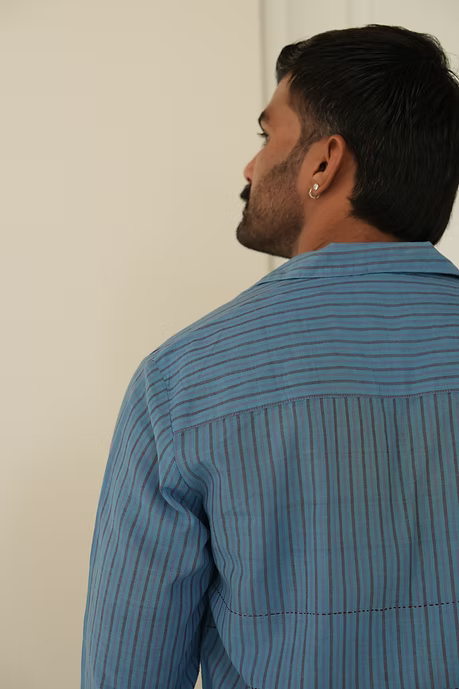 SKY BLUE STRIPE FULL SLEEVE MEN’S NOTCH SHIRT