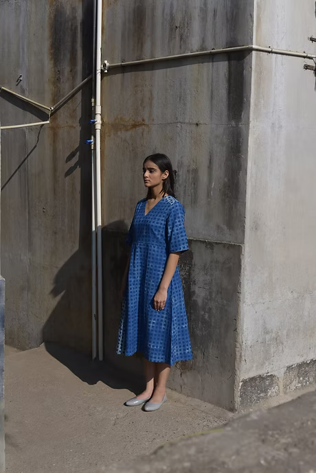 Indigo Checkboard V Neck Dress