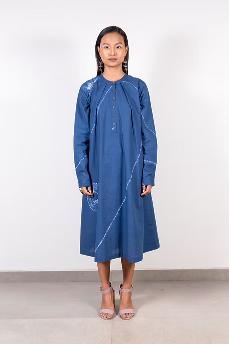 Indigo Neck Pleat Shibori Dress