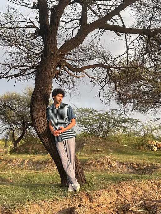 INDIGO JAIL STRIPE MEN’S NOTCH COLLAR SHIRT