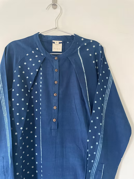 Indigo Neck Pleat Stripe Block Dress