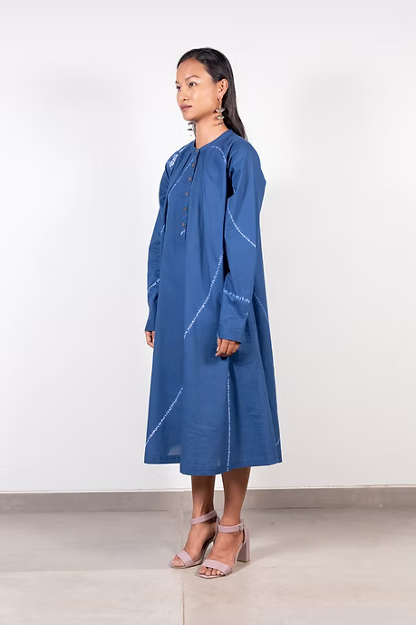 Indigo Neck Pleat Shibori Dress