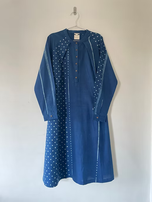 Indigo Neck Pleat Stripe Block Dress