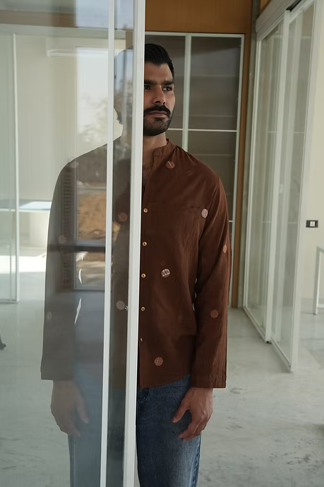 BROWN FULL SLEEVE MEN’S MANDARIN COLLAR SHIRT