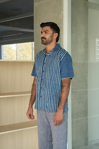 INDIGO JAIL STRIPE MEN’S NOTCH COLLAR SHIRT