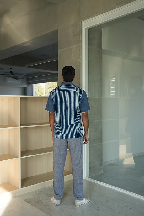 INDIGO JAIL STRIPE MEN’S NOTCH COLLAR SHIRT