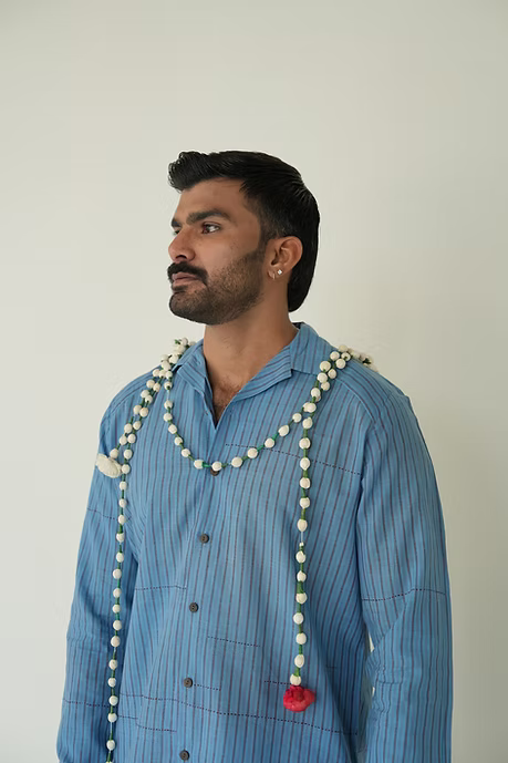 SKY BLUE STRIPE FULL SLEEVE MEN’S NOTCH SHIRT