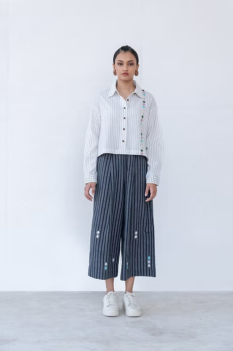 B/W Check-Stripe Crop Shirt