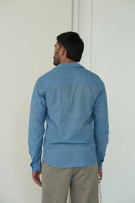 SKY BLUE STRIPE FULL SLEEVE MEN’S NOTCH SHIRT
