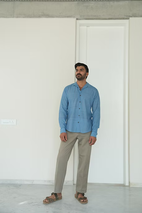 SKY BLUE STRIPE FULL SLEEVE MEN’S NOTCH SHIRT