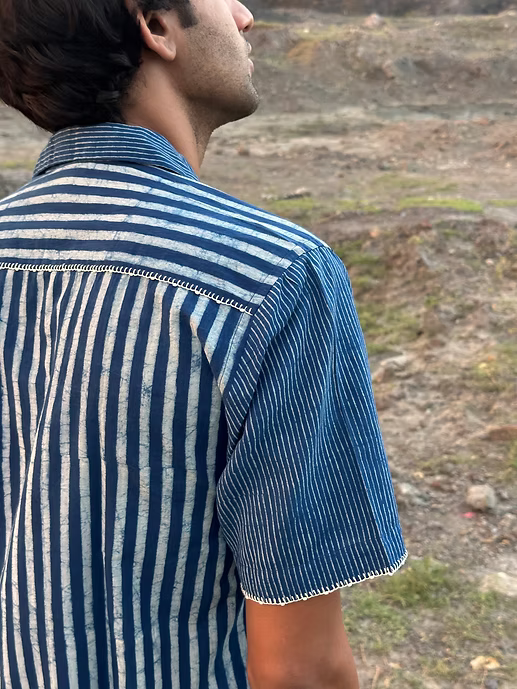 INDIGO JAIL STRIPE MEN’S NOTCH COLLAR SHIRT