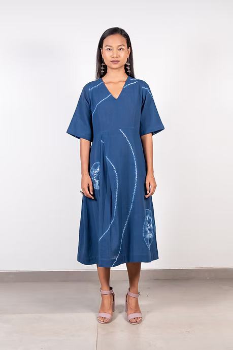 Indigo V neck Shibori Dress
