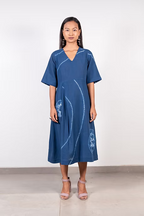 Indigo V neck Shibori Dress