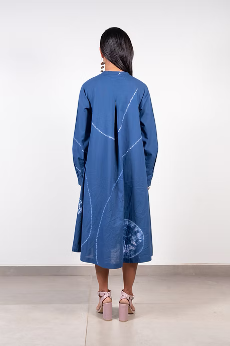 Indigo Neck Pleat Shibori Dress