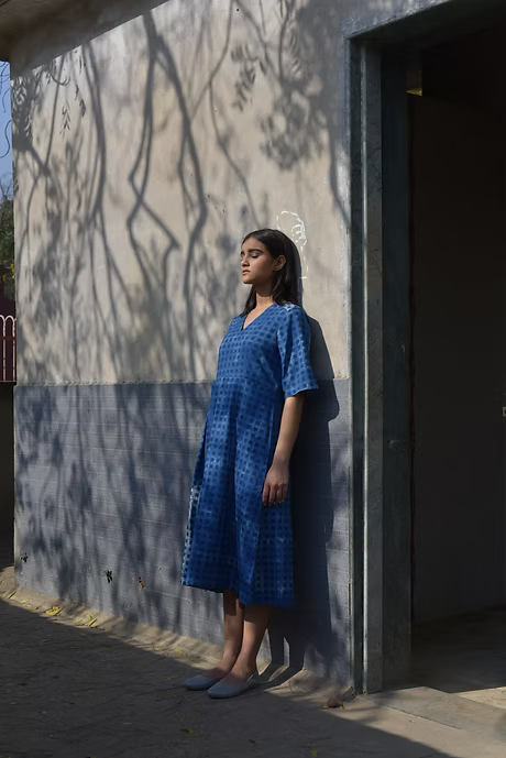 Indigo Checkboard V Neck Dress