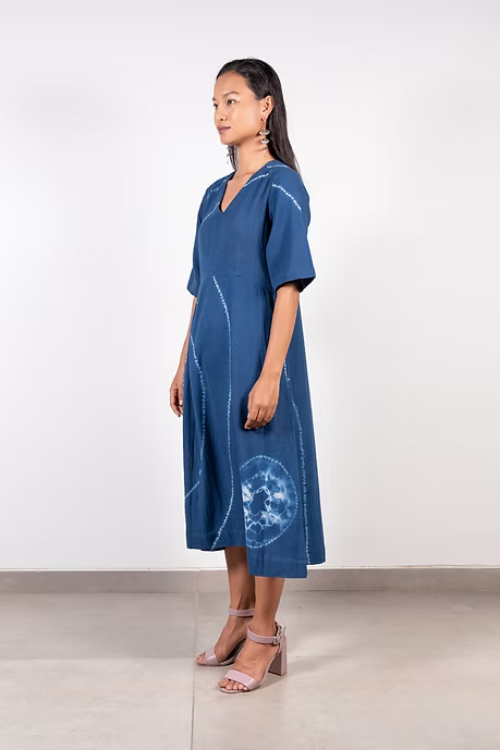 Indigo V neck Shibori Dress