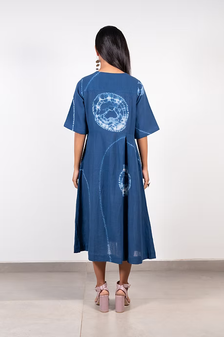 Indigo V neck Shibori Dress