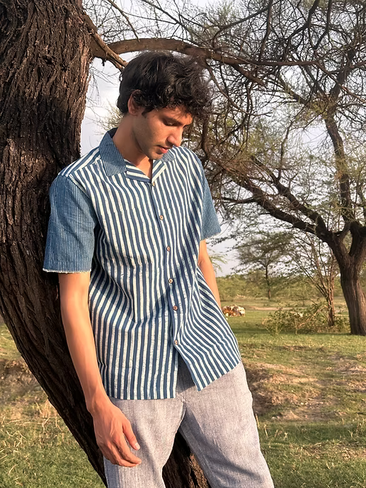 INDIGO JAIL STRIPE MEN’S NOTCH COLLAR SHIRT