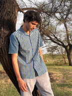 INDIGO JAIL STRIPE MEN’S NOTCH COLLAR SHIRT